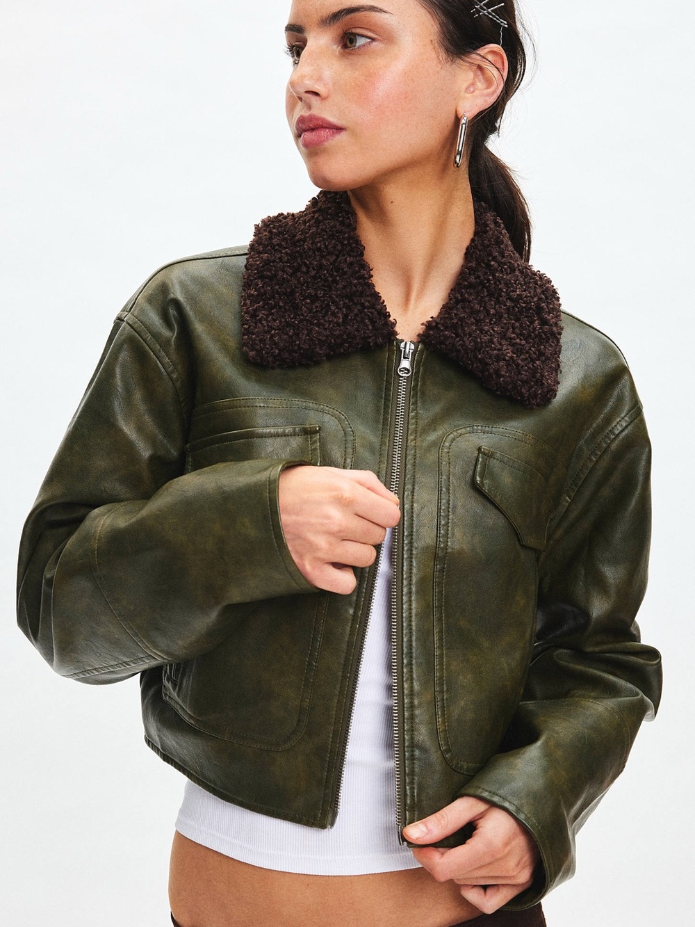 BDG Janine Faux Leather Cropped Aviator Jacket XS